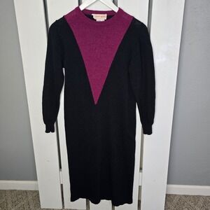 Joseph Magnin VTG Wool Blend Sweater Med Dress Black Purple 80s Secretary Whimsy